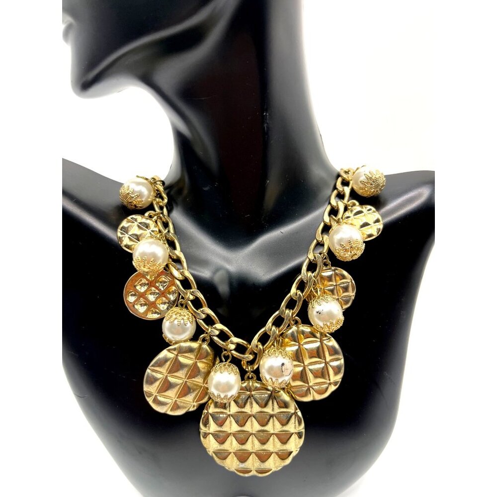 Gold Tone Statement Necklace With Pearl & Textured Disc Charms